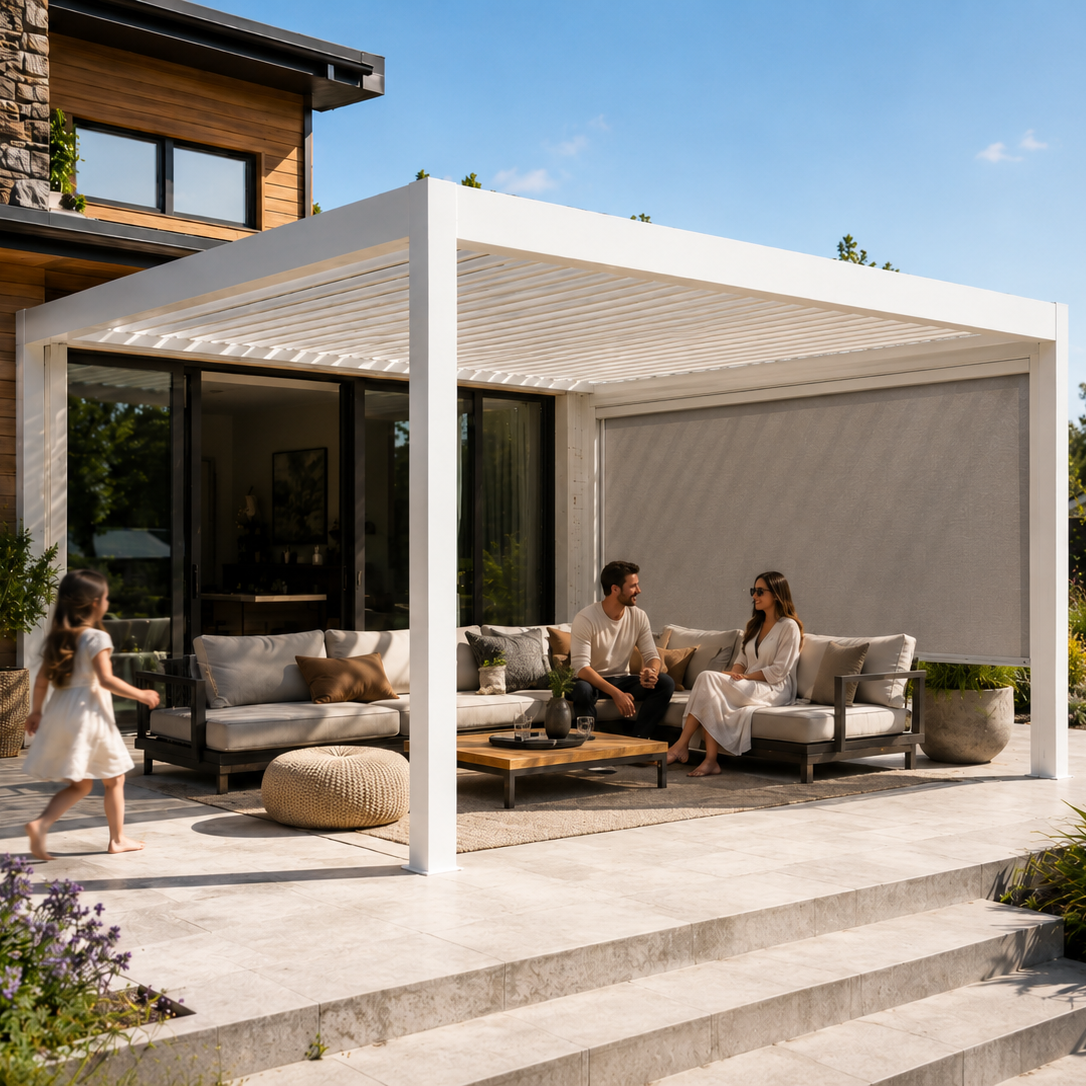 Luma: Freistehende Pergola manuell verstellbar