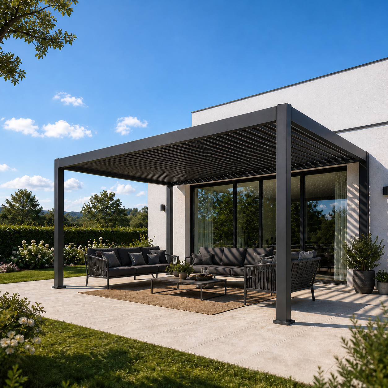 Luma: Freistehende Pergola manuell verstellbar